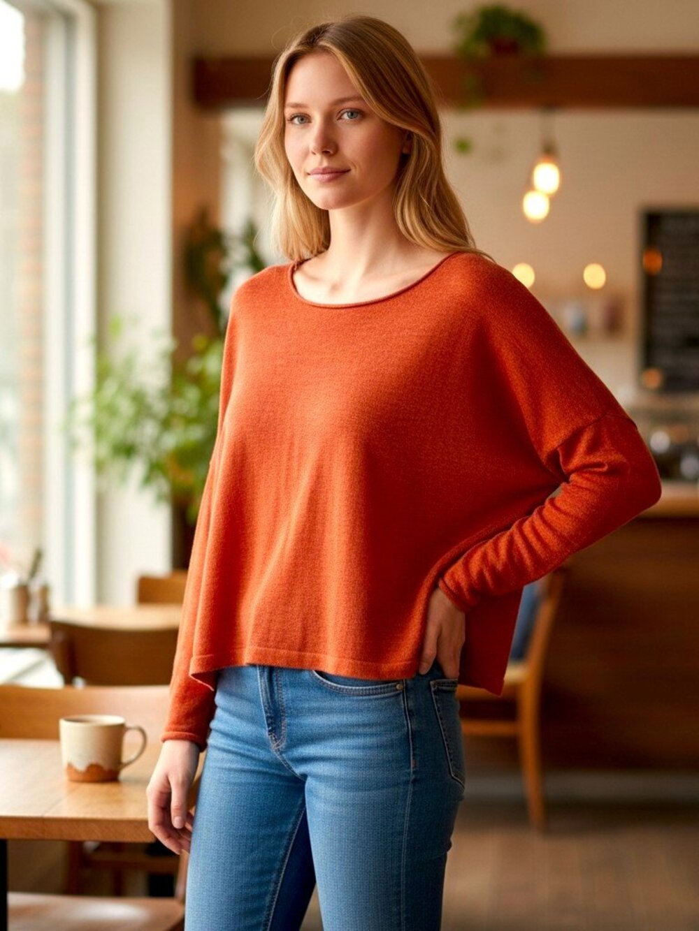 EILEEN FISHER 100% Organic Linen Boxy Knit Sweater Rust Orange L/XL F18LWO